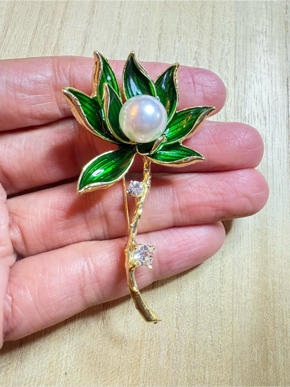 Gold Green Lotus Pearl Flower Brooch - Elegant Women’s Jewelry